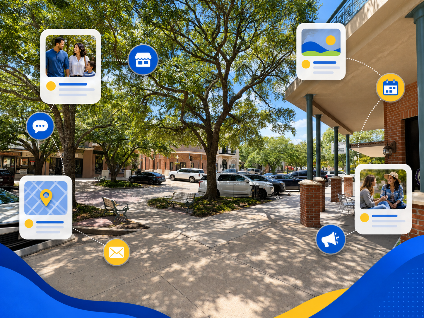 Local streetscape connected by community, email, calendar, map, and business-discovery graphics